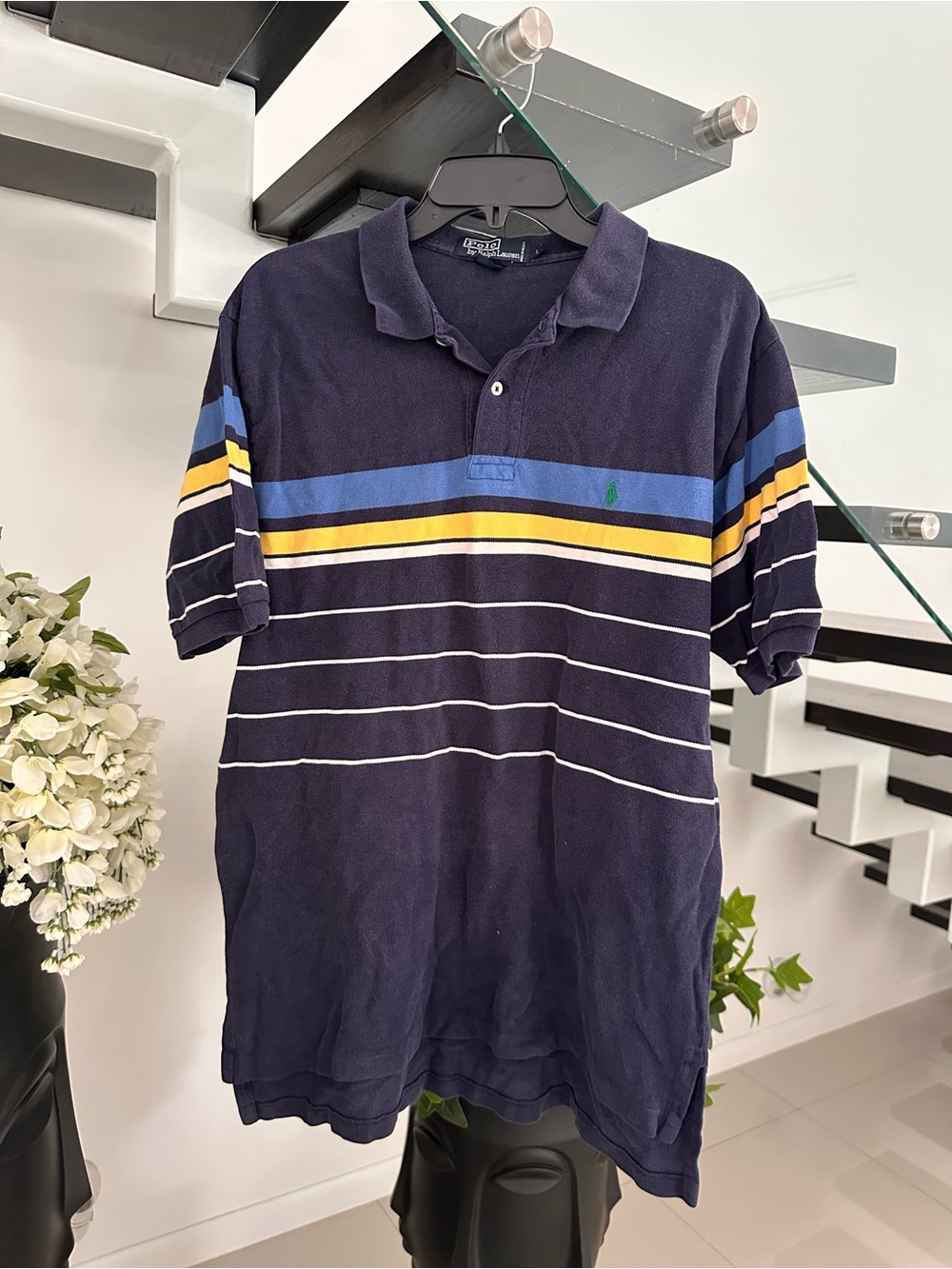 Ralph Lauren Navy Polo with Blue, Yellow & White Stripes